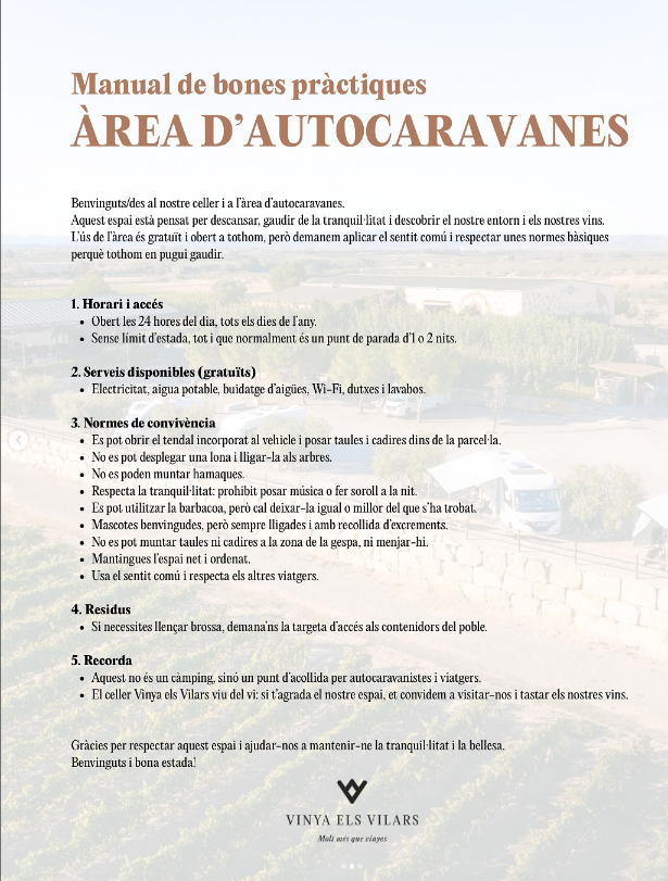 El celler Vinya els Vilars impulsa un Manual de bones pràctiques per garantir el bon ús de la seva àrea d’autocaravanes