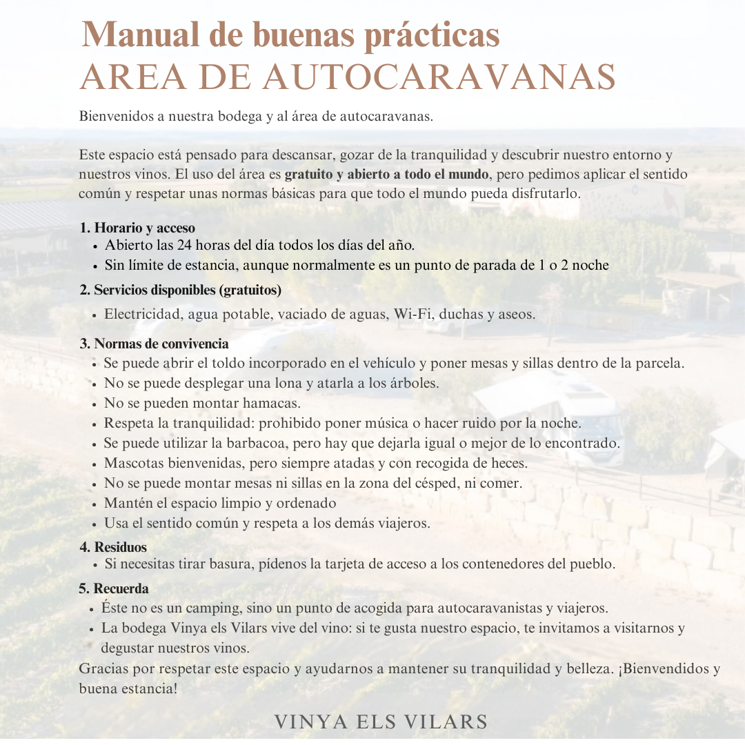 La bodega Vinya els Vilars impulsa un "Manual de Buenas Prácticas" para garantizar el buen uso de su área de autocaravanas